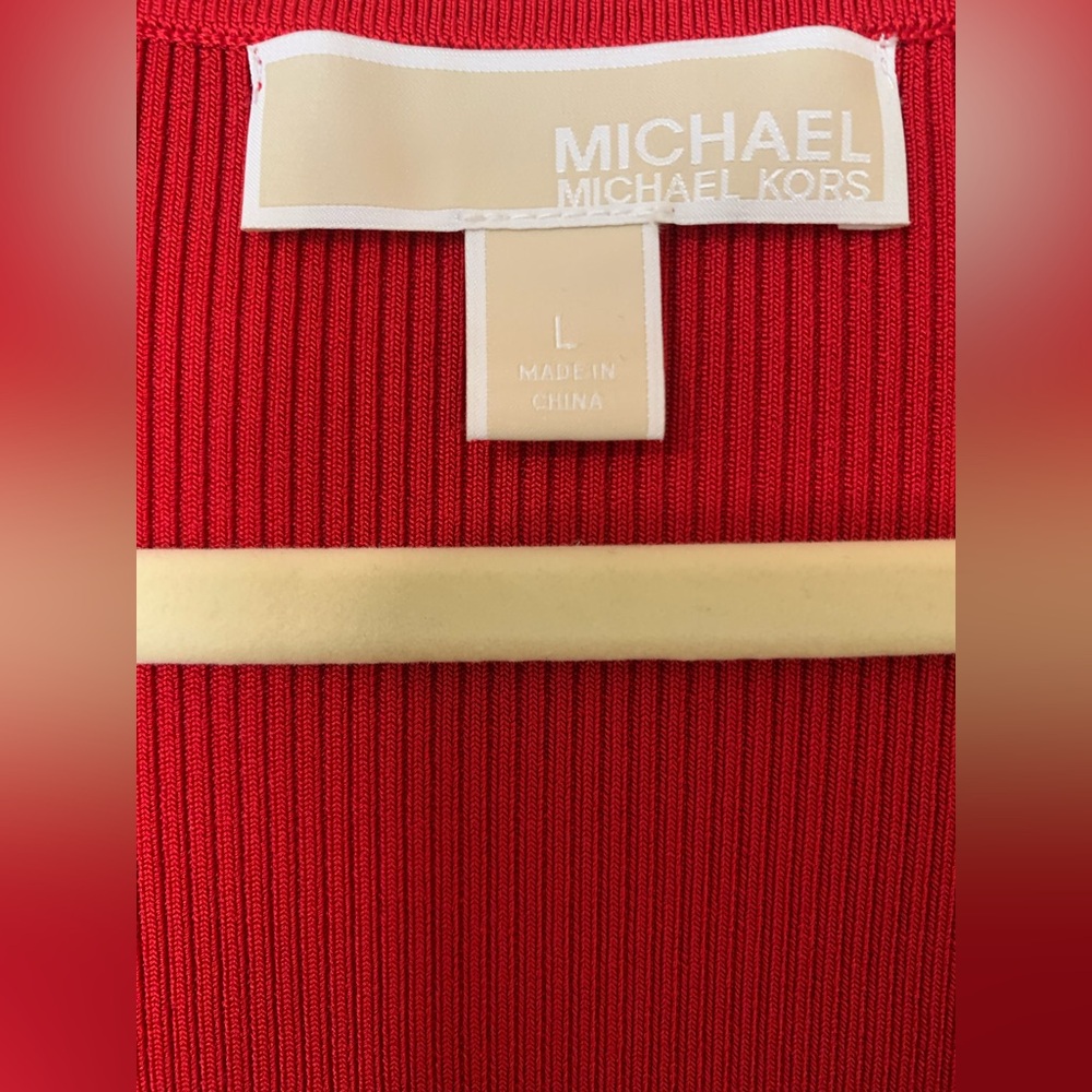 NWT Michael Kors Ribbed V-Neck Lace Up‎ Shoulder Detail Red Midi Dress Sz L Chic - Picture 5 of 6